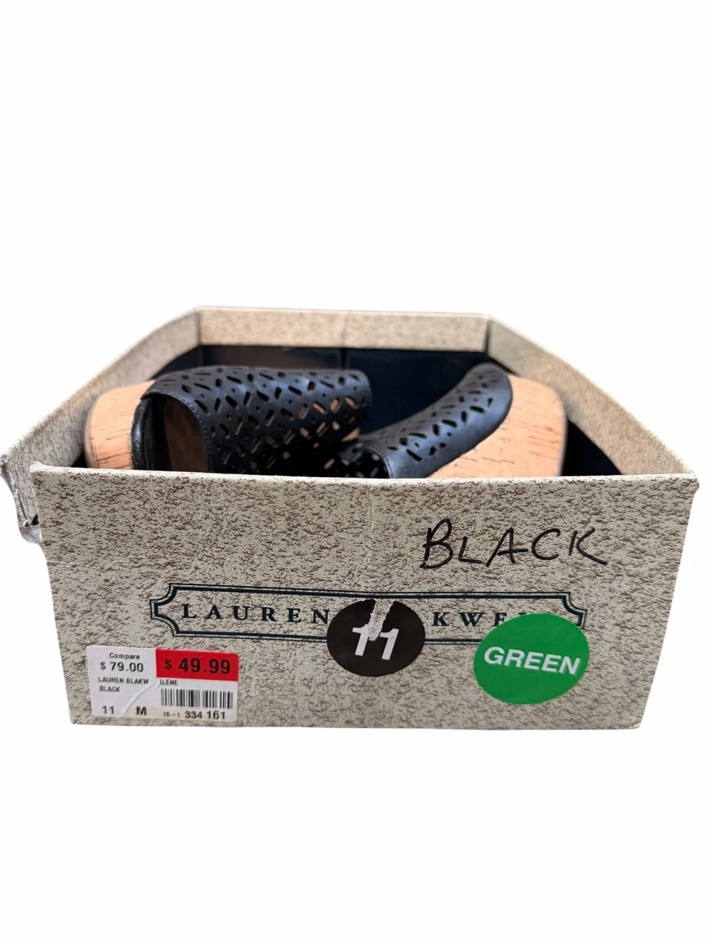 Lauren Blakwell Women’s 11 Black Ilene Perforated Cork Wedge Slide Sandals Boho